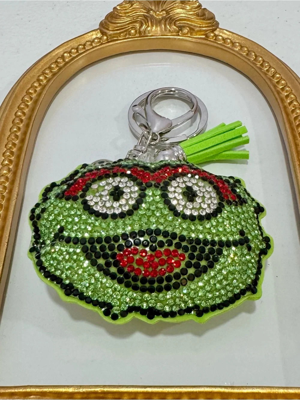 New Oscar the Grouch Green Crystal Smiley Face Keychain with Tassel